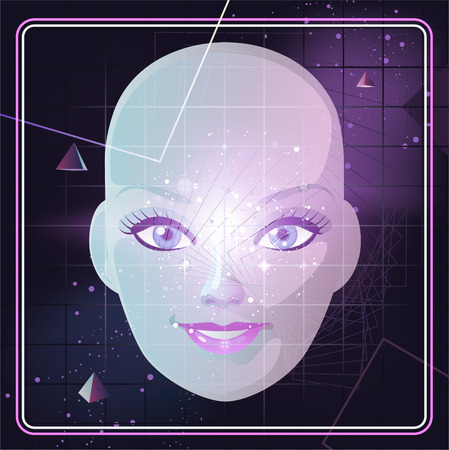 Face with Retro 80's Style Background Pyramid Triangle Cosmic Space, vector illustration cartoon.のイラスト素材