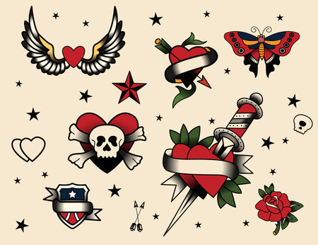 Tattoo Flash Set  Vector Illustration Icon Cartoon.のイラスト素材