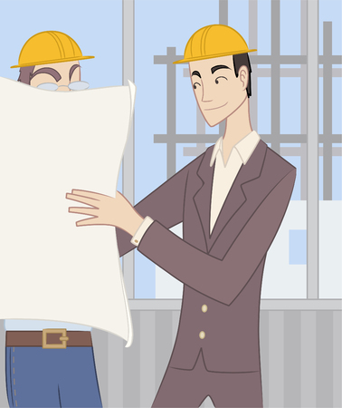 Civil Architect Structural Engineer Architectural Construction Planner, exposing construction blueprints to a worker.のイラスト素材