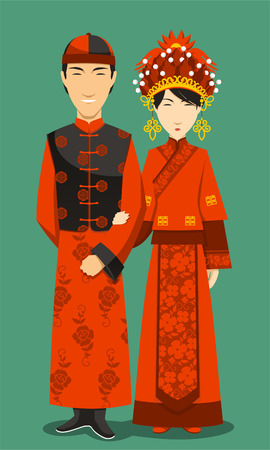 Chinese Bride and Groom Wedding Celebration, vector illustration cartoon.のイラスト素材