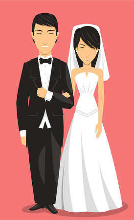 Chinese Bride and Groom Wedding Clothing, with groom in suit and bride in white dress vector illustration cartoon.のイラスト素材