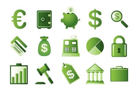 Green finance icons set, with euro symbol, dollar symbol, money bag, bank building, safe deposit box, bank vault, safe, credit card, cards, piggy bank, magnifying money glass, safe lock, money safe lock, padlock, money stats, economy stats, dollar label, のイラスト素材
