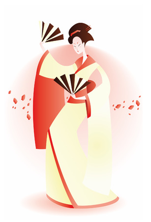 geisha dance with fan and petals.のイラスト素材