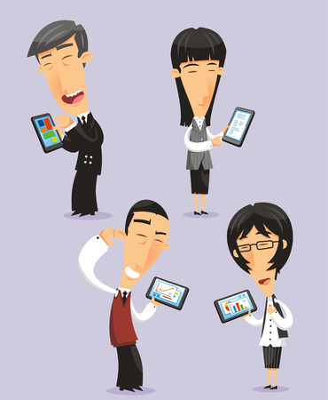 Japanese business people with electronic tablets, vector illustration cartoon.のイラスト素材