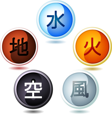 The five Chinese elements, with wood, water, fire, metal and earth drops. Vector illustration cartoon.のイラスト素材