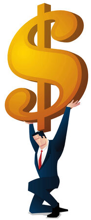 Man on his knees, holding a golden dollar sign.のイラスト素材