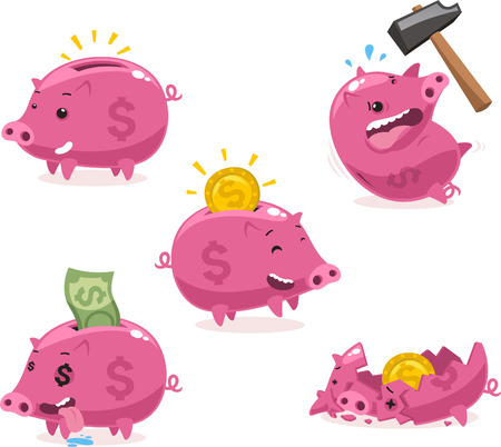 Pink Piggy bank Savings Set vector illustration.のイラスト素材