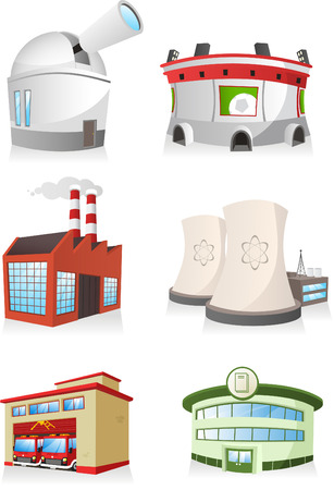 Public building cartoon set. factory, fire station,stadium, power plant, bookstore, observatory.のイラスト素材