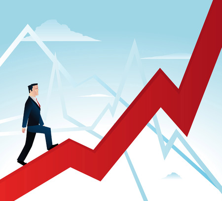 Businessman expectations, featuring a man in a business suit walking over a growth chartのイラスト素材
