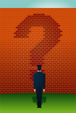businessman standing before a wall with a question mark on it.のイラスト素材