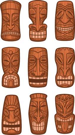 Hawaiian tiki god statue carved polynesian tikki ku lono wood vector illustration.のイラスト素材