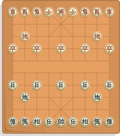 Xiangqi  Chinese chess pieces arranged over a graphic of the game grid. Composite of a dozen images.のイラスト素材