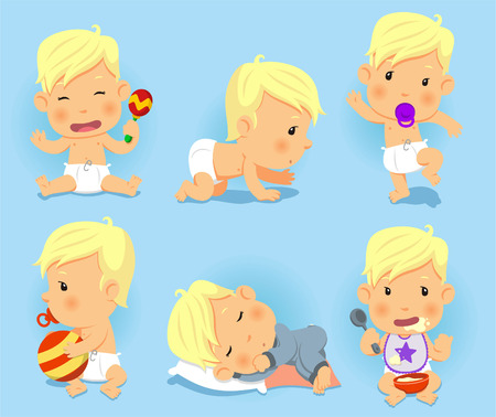 Baby toddler Set, with happy baby, playing baby, walking, baby, eating baby, sleeping baby, crawiling baby. Vector Illustration cartoon.のイラスト素材