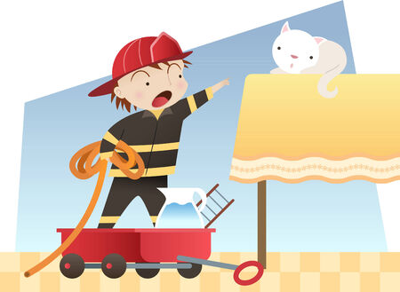 Little boy playing to be a firefighter saving a kitten cartoon illustrationのイラスト素材
