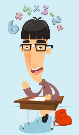 Really intelligent prodigy nerd in maths class, with classroom elements like chair, table, school bag and numbers flying over his head vector illustration.のイラスト素材