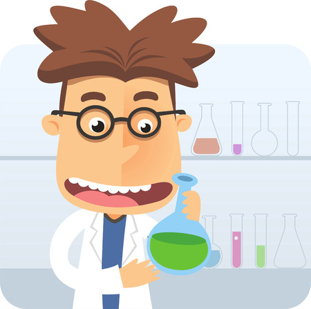 Super intelligent geek nerd holding a test tube at laboratory vector illustration.のイラスト素材