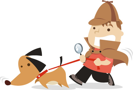 little boy detective with dog following a lead cartoon illustrationのイラスト素材
