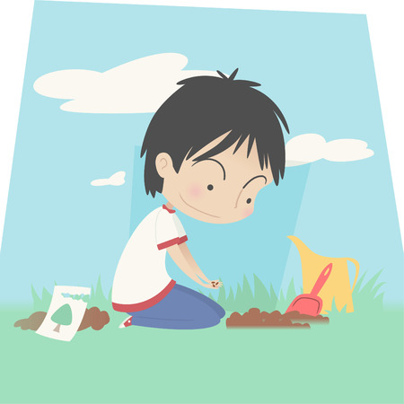 Little boy Planting seed of a future tree vector illustrationのイラスト素材