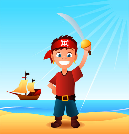Pirate boy landing with sword cartoon illustration.のイラスト素材