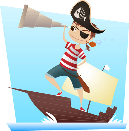 Pirate kid with binoculars looking at the horizon vector illustration.のイラスト素材