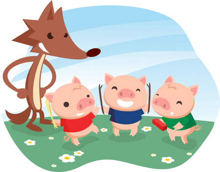 Three little pigs fable with cartoon wolf.のイラスト素材
