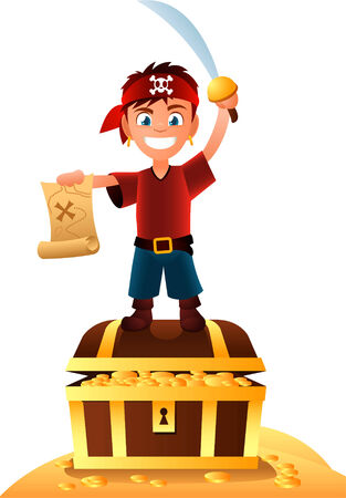 Pirate boy with treasure holding a map in his hand.のイラスト素材