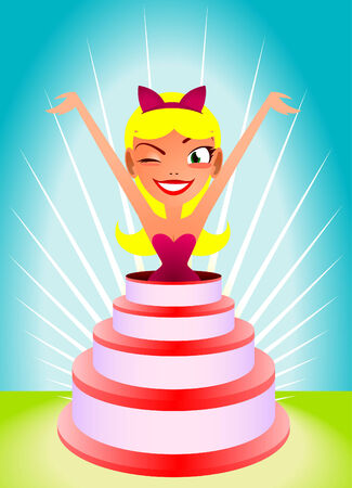 Sexy girl comming out of a cake cartoon vector illustrationのイラスト素材