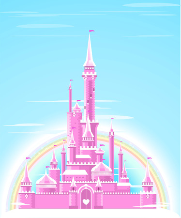 Fairy-tale Pink Sparkly Palace Castle Fortress with Rainbow and flag vector illustration.のイラスト素材