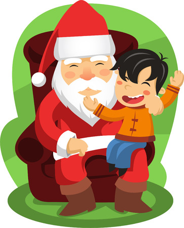 Santa with a child on his knees telling him what gifts he wantsのイラスト素材