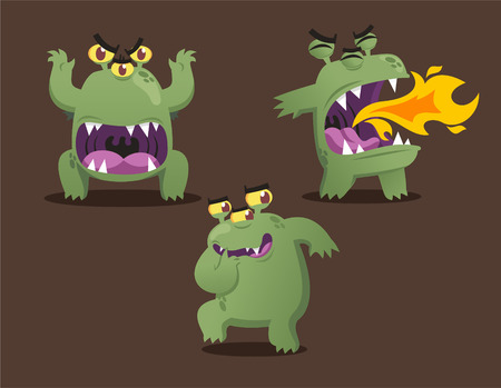 Green monster cartoon action set vector illustrationのイラスト素材