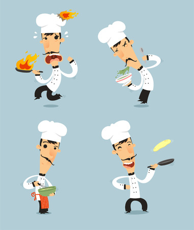 Chef Cook Set 2 with pan, bowl, stir, fire pan vector illustration. Also, with chef hat, chef uniform, mustache.のイラスト素材