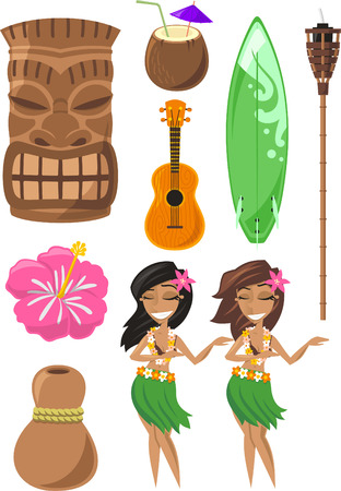 Hawaiian, Hawaii Set with tiki, tiki god, hula dancer, board, surf board, ukelele, coconut. Vector illustration cartoon.のイラスト素材