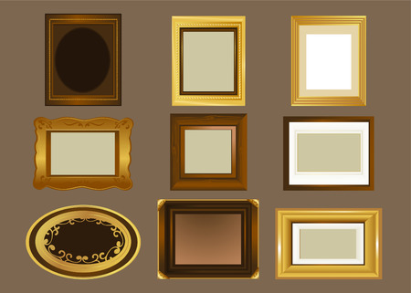 Nine Picture frame, in different shapes and sizes vector illustration. Oval frame, rectangular frame, square shaped frame, wooden frame and golden frame.のイラスト素材