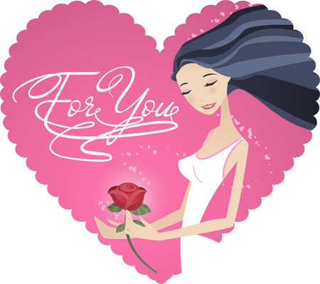 Young woman holding a rose in heart shapeのイラスト素材
