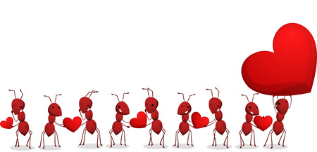 Nine loving ants carrying hearts, making a love chain. With one big heart and 5 smaller ones. Vector illustration.のイラスト素材