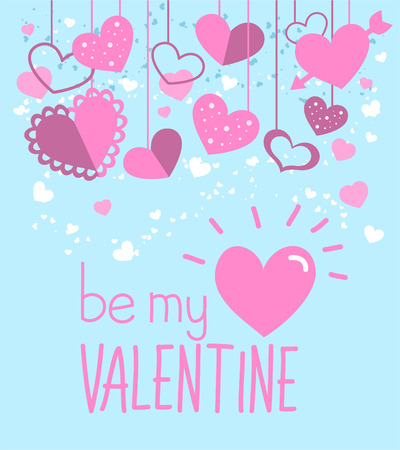 Be my valentine card proposal vector illustration, with many pink hearts in different sizes and textures.のイラスト素材