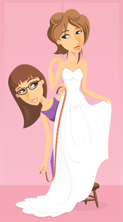 Bride trying on her Wedding Dress, with tailor and bride vector illustration cartoon.のイラスト素材