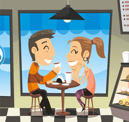 Couple having a coffee at a cafe laughing, with a man and a woman laughing, sharing, having a coffee to go. Vector illustration cartoon.のイラスト素材