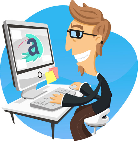 Graphic Designer working on his computer, vector illustrationのイラスト素材