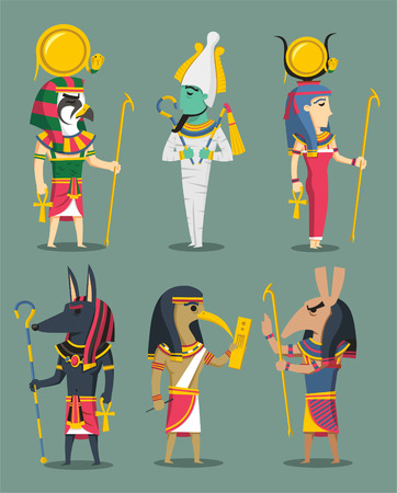 Egyptian Gods and Egypt Goddesses, with Osiris, Isis, Horus, Set, Anubis, Hath-or, Ra, Thoth. Vector illustration cartoon.のイラスト素材