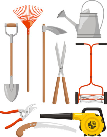 Gardening Equipment, such us: lawn rake, spade, long handled shears, rake, hand fork, gardening gloves, wheelbarrow, pruners, trowel, leaf vacuum, watering can, sprinkling can, scythe, lawnmower, mower. Vector illustration cartoon.のイラスト素材