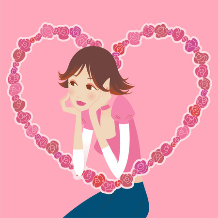 Young girl in love in a roses heart frameのイラスト素材