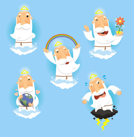 God in Heaven set, with God standing contemplating, God making a rainbow, God happy with nature, God embracing and holding the earth and angry and furious God. Vector illustration cartoon.のイラスト素材