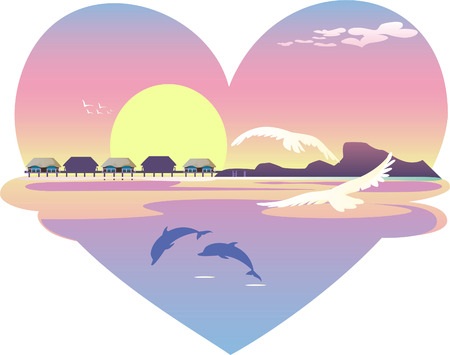 Heart beach resort landscape, with white birds and clouds, and blue dolphins. Sunset, sunrise view. Vector illustration.のイラスト素材