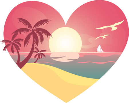 Heart beach landscape, with white birds and sailing boat. Sunset, sunrise view. Vector illustration.のイラスト素材