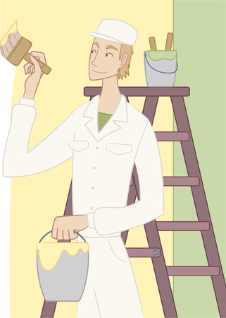 Vector illustration of a house painter in action holding a brush while painting the interior of a house.のイラスト素材