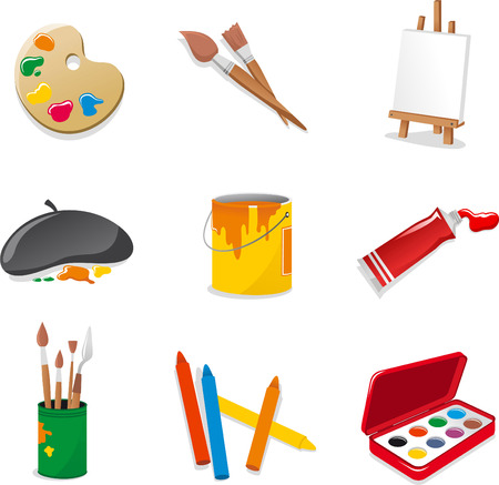 Fine arts icon set. With Color Palette, brush, lectern, tenses canvas, stretcher, stretcher frame, paint, Acrylic Paint, brushes, crayons, watercolor inks. Vector illustration cartoon.のイラスト素材