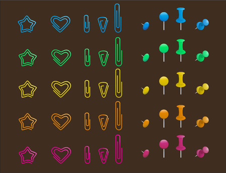 Nine different types of pins and clips in different colours like, blue pins and clips, green pins and clips, yellow pins and clips, orange pins and clips and pink pins and clips vector illustration.のイラスト素材