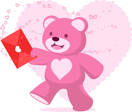 Teddy bear carrying a red letter with heartsのイラスト素材