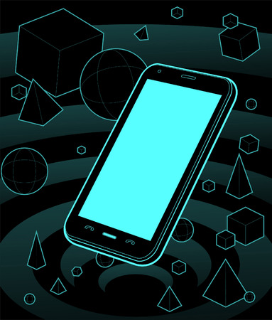 Featuring a smartphone in a neon galaxy, sorrounded by geometric 3d shapes. take a close look to check the detail.のイラスト素材